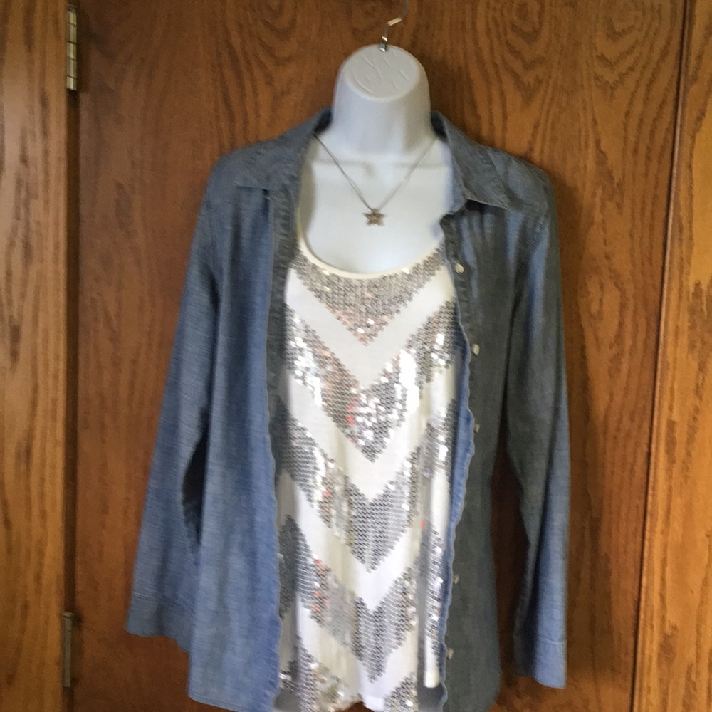 J. Jill Chambray Button Down Denim Lightweight Shirt